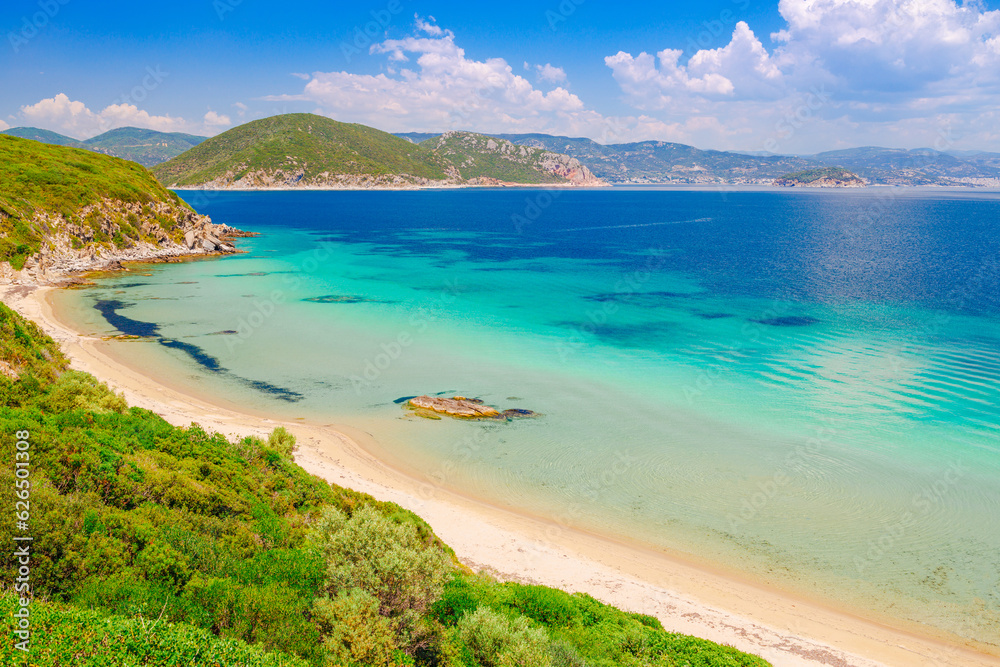 Vrasidas beach near Kavala, Greece, Europe. Clear sand and blue water