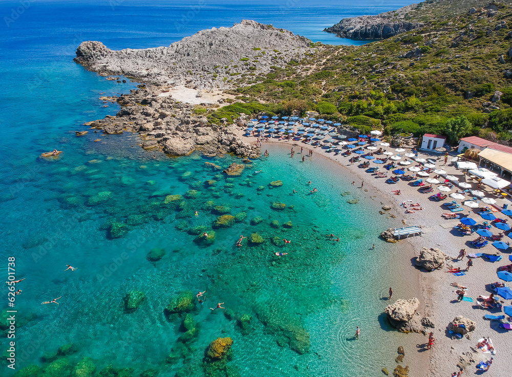 Aerial drone view and beach in Ladiko bay, Rhodes, Greece, Europe