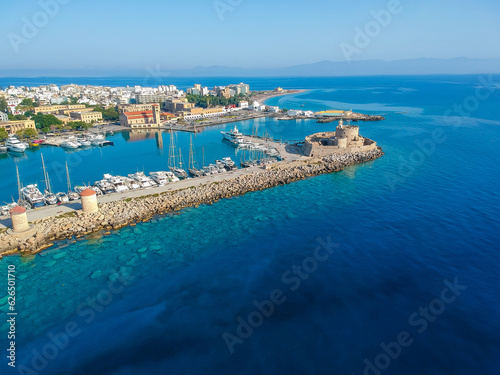 Summer aerial view of city port and fort Rhodes island, Greece, Europe