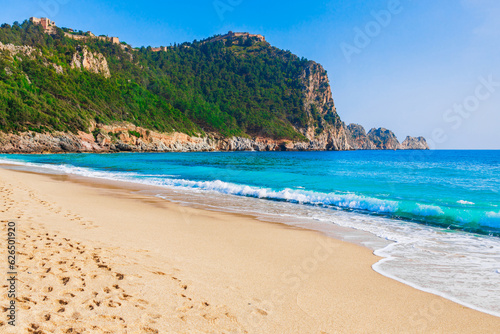 View of Cleopatra beach and castle in Alanya, Antalya district, Turkey