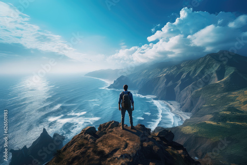 Silhouette of Hiker on Mountain Summit Overlooking Ocean View: High-Quality Stock Image for Adventure, Travel, and Nature Themes