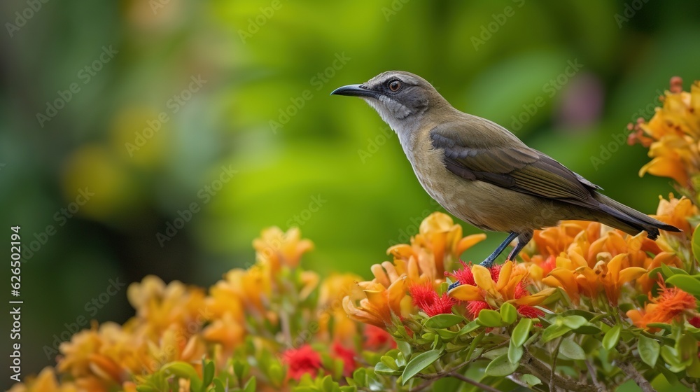 a bird perched on a flower, surrounded by lush greenery. Generative AI.