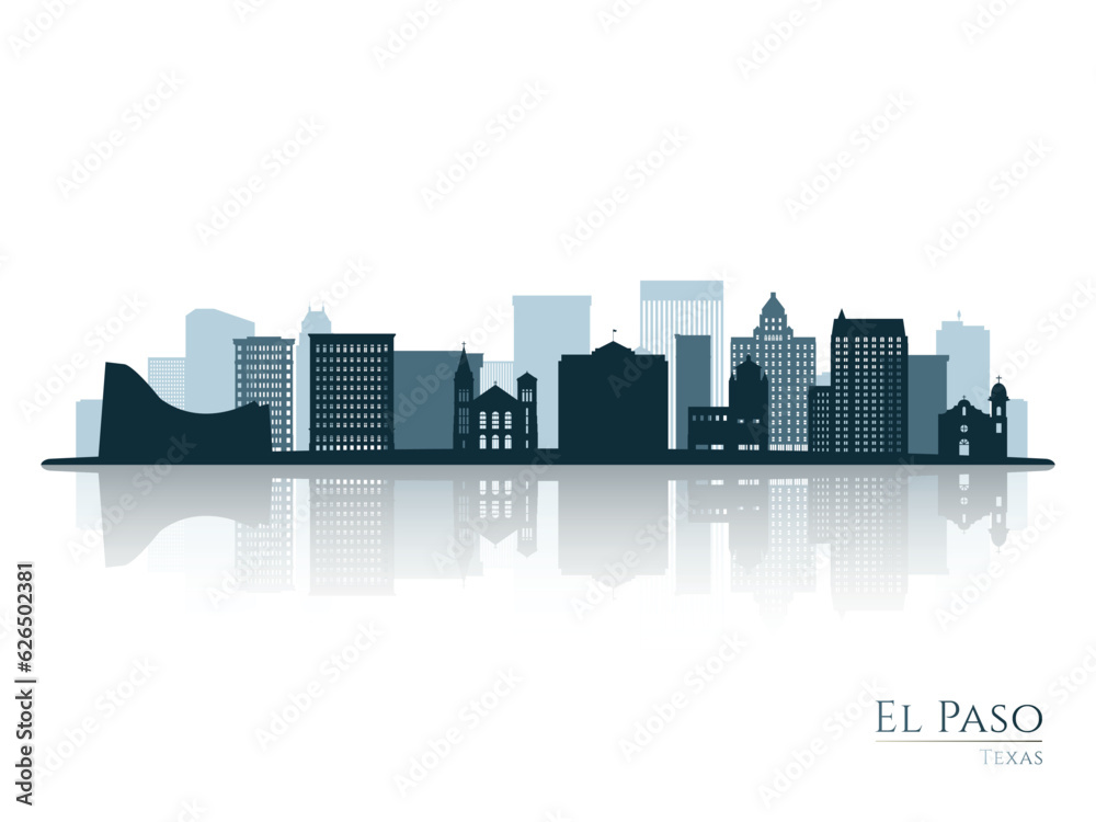 El Paso skyline silhouette with reflection. Landscape El Paso, Texas. Vector illustration.