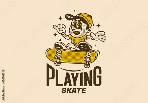 Playing skate, Mascot character of a boy on a skateboard photo