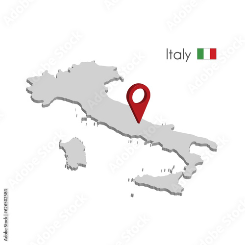 Highly detailed isometric map of Italy with volumetric location icon. 3d illustration with name and flag of Italy on white background. Stock vector illustration.