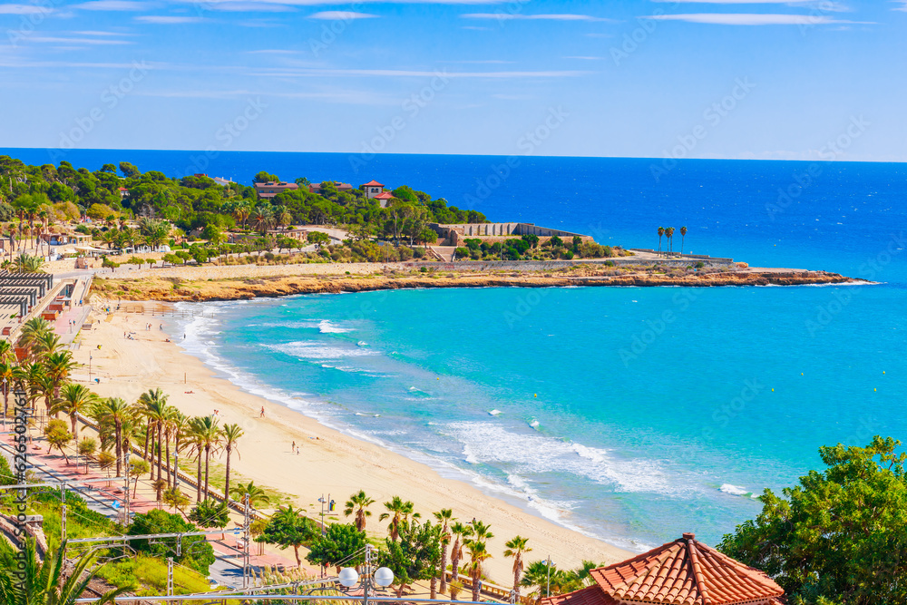 Sea view in Catalan city Tarragona, Spain, Europe. Beach and blue water