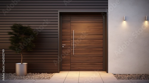What better way to enter your perfect home than through a modern simple wooden door. Generative AI Technology 