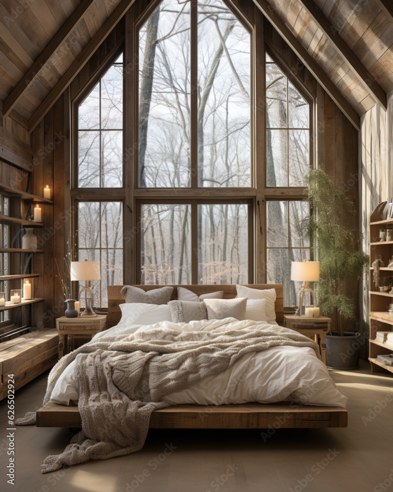 A white bedroom in autumn, in the style of varying wood grains, earth tones, rug, handcrafted designs. Generative AI. A white bedroom in autumn, in the style of varying wood grains, earth tones, rug, handcrafted designs. Generative AI.