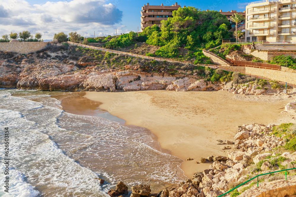 Beach view in Salou, Spain, Europe. Tourist sea city on Costa Dorada