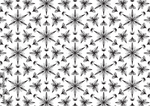 Pattern Floral and Geometric Elements. Seamless Floral Ethnic Pattern. Arabic Indian Motifs Abstract Floral Ornament Thin Line. Vector Wallpaper Background Fabric Paper  Black and White Graphic Design