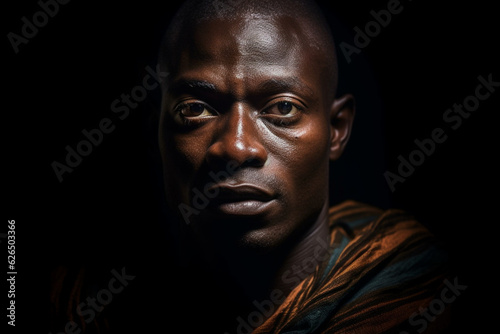 african man with dark background basking in the light with eyes close