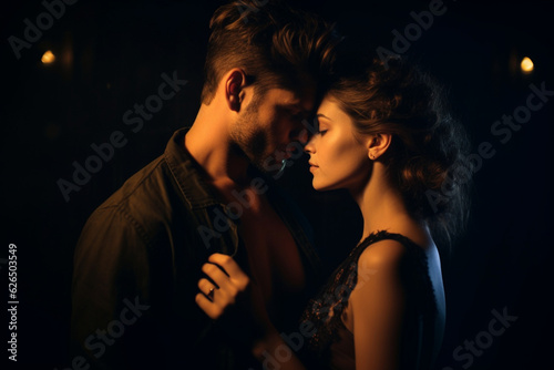 Couple in love looking at each other in dark room, dark light photography
