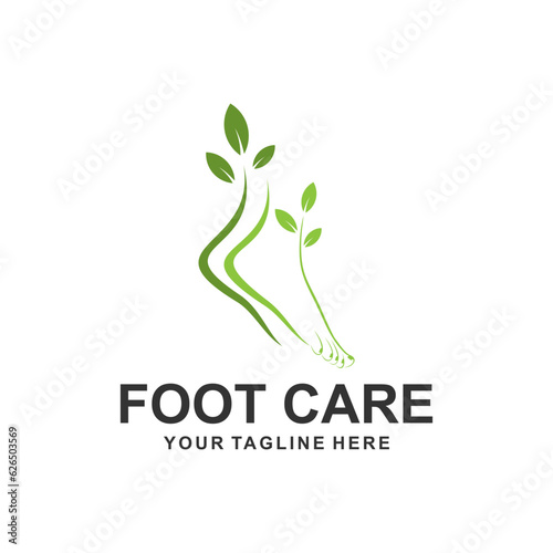 Women's foot in green leaves. Abstract design concept for beauty salon, pedicure, cosmetic, organic care and spa. Vector logo design template.