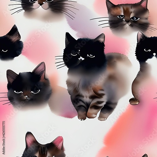 cat watercolor seamless background  Collage contemporary  shapes seamless pattern set design for paper, cover, fabric, interior decorgenerative ai illustration art photo