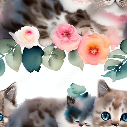 cat watercolor seamless background  Collage contemporary  shapes seamless pattern set design for paper, cover, fabric, interior decorgenerative ai illustration art