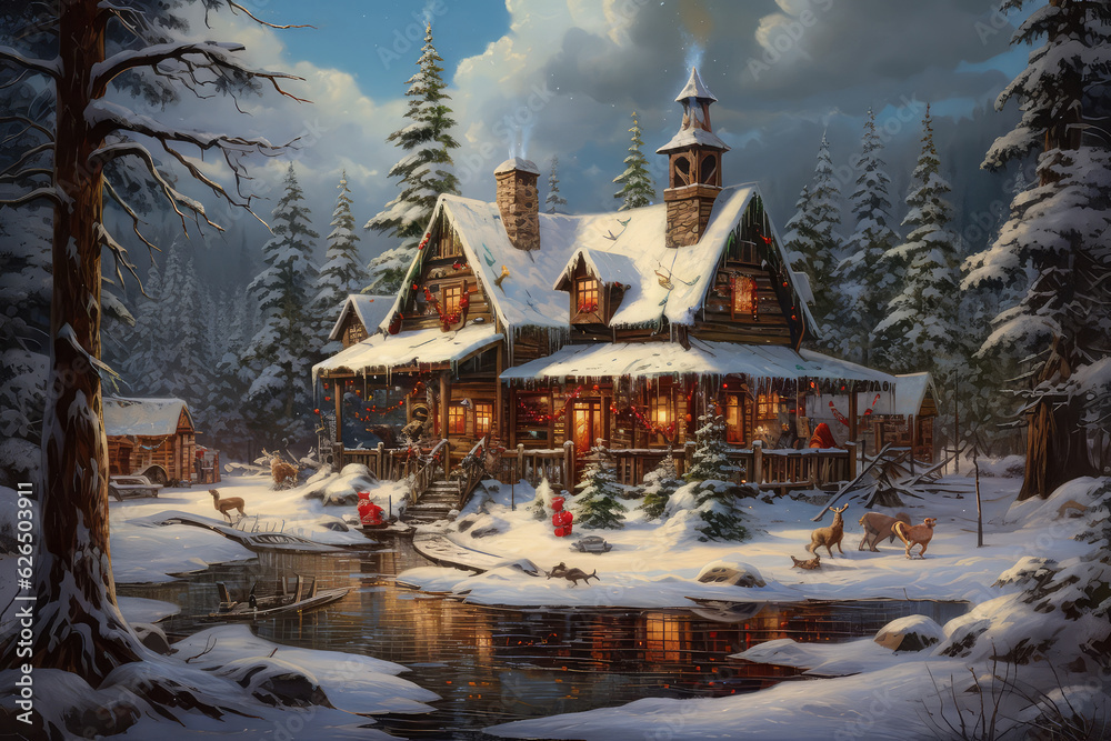 Obraz premium Outdoor view of Christmas house with party in the christmas festival. (ai generated)