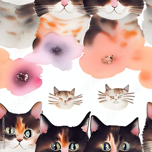 cat watercolor seamless background  Collage contemporary  shapes seamless pattern set design for paper, cover, fabric, interior decorgenerative ai illustration art photo