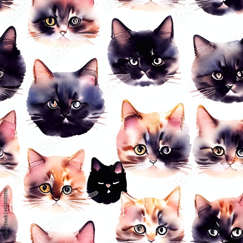 cat watercolor seamless background Collage contemporary shapes seamless pattern set design for paper, cover, fabric, interior decorgenerative ai illustration art