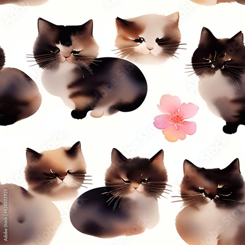 cat watercolor seamless background  Collage contemporary  shapes seamless pattern set design for paper, cover, fabric, interior decorgenerative ai illustration art photo