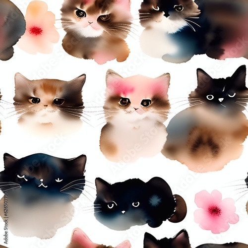 cat watercolor seamless background  Collage contemporary  shapes seamless pattern set design for paper, cover, fabric, interior decorgenerative ai illustration art photo