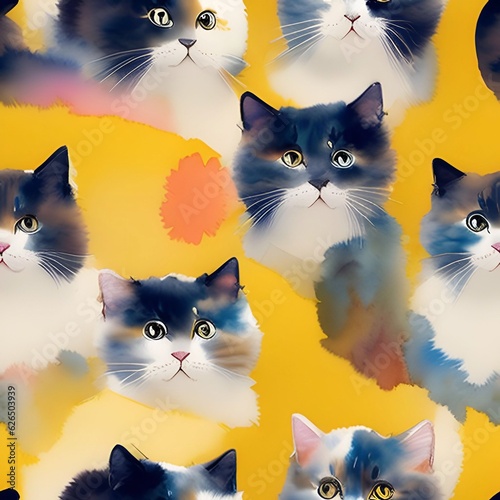 cat watercolor seamless background  Collage contemporary  shapes seamless pattern set design for paper, cover, fabric, interior decorgenerative ai illustration art photo