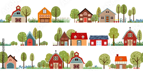 house city building, barn farm and tree style cosy town panorama flat vector illustration isolated in a row frame or border seamless