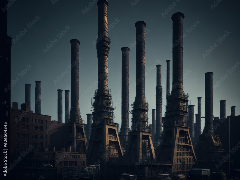 Realistic Smokestacks in a crowded city, AI generated