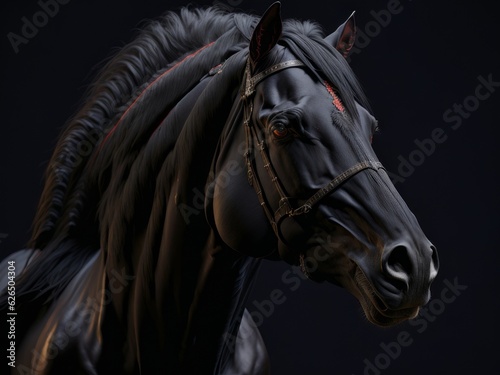 Portrait of black horse with red eyes, AI generated