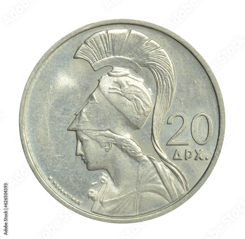 Obverse of 20 Drachma coin made by Greece, that shows The portrait in left profile of the goddess Athena photo