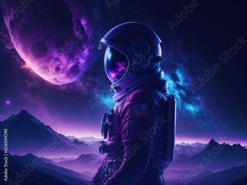 Sky like nebula night with an astronaut, Ai generated