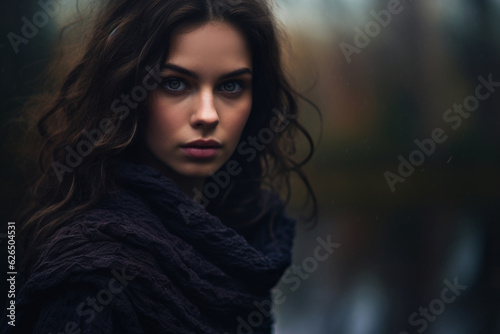 Portrait of a young woman outdoor, dark light photography