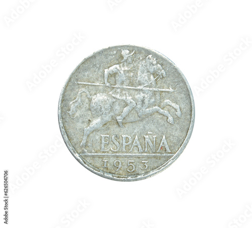 Ten centimos coin made by Spain in 1953, that shows An armored rider
