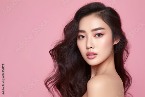 Young Asian beautiful woman Curly long hair with korean makeup style on face and clear smooth skin pointing to copy space on isolated pink background, Facial treatment, Cosmetology, plastic surgery