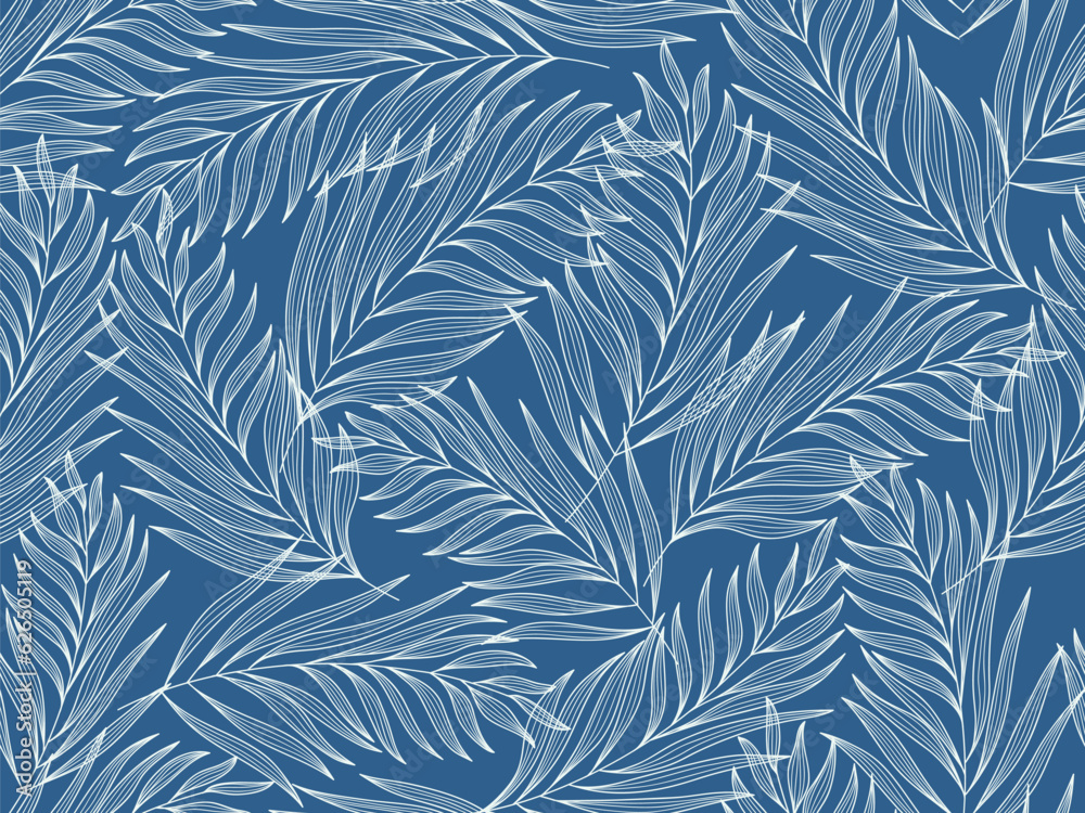 Seamless floral abstract background with  leaves drawn by thin lines. Blue  background with light blue leaves, monochrome.Vector floral  pattern