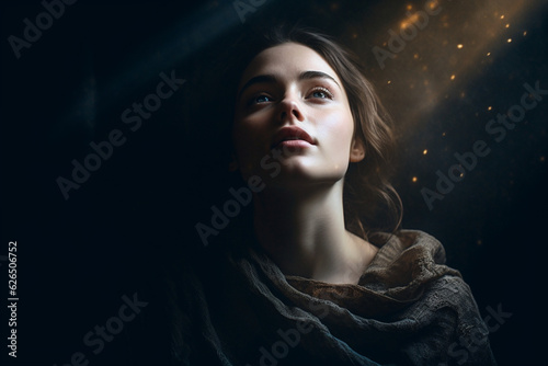 young woman with dark background basking in the light with eyes close