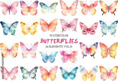 Vector watercolor painted butterflies clipart. Hand drawn design elements isolated on white background. © vasabii