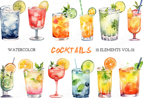 Stampa su tela Vector watercolor painted cocktails clipart