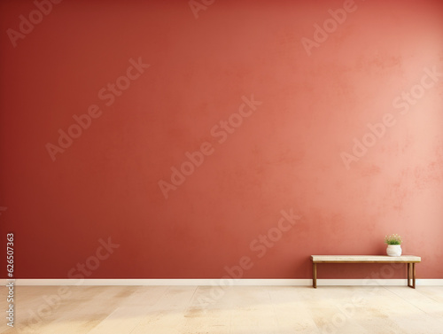 Red painted wall and light floor, plant 