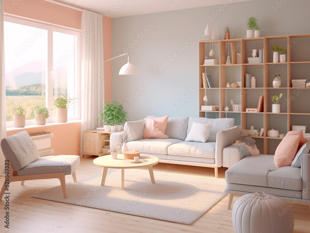 Fototapeta premium Small cozy modern living room in pastel color