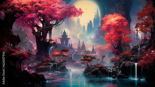 surreal landscape with forest, swamp, plants. High quality illustration