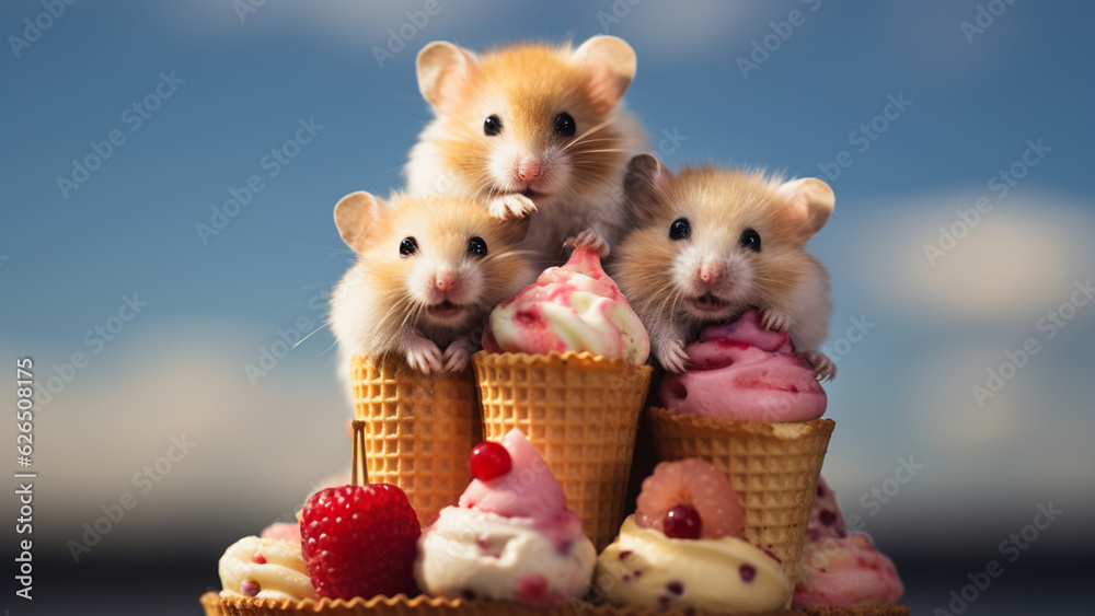 Hamster ice cream? 3 Hamsters sitting on three cones pretending to be