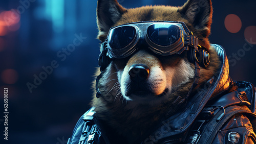 Adventurer Shiba Inu is in his goggles and ready to go on new journeys. Cyberpunk, a cool imaginative animal world. AI art. 