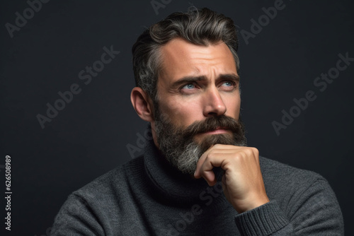 headshot portrait of a handsome thoughtful bearded mid adult man looking at copy space against gray background studio shot
