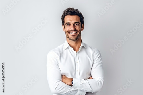 portrait of man with smile on white background for success, leadership and confidence, Copy space, crossed arms and happy male in professional clothes for advertising in studio, soft light photography