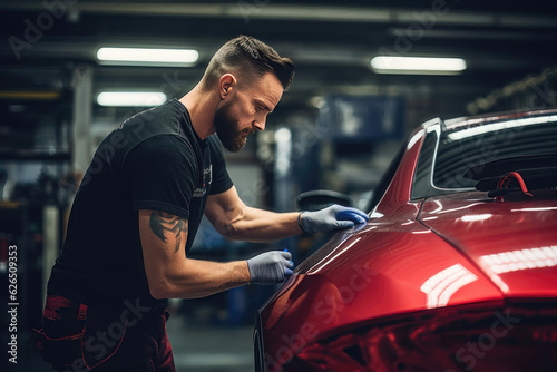 Photo Mechanic painting a car in a workshop. AI generated