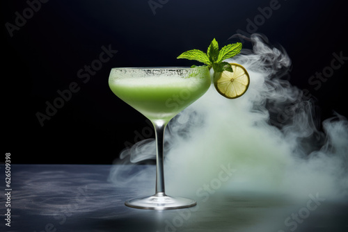 Daiquiri in modern glass and smoke of ice, with gold and decoration. AI generated