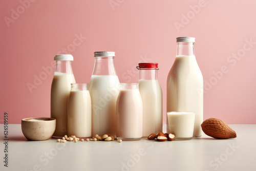 Various types of vegan milk. AI generated