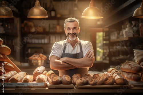 A small business owner proudly standing in front of their thriving artisan bakery. AI generated