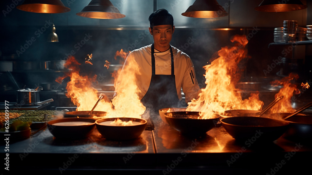 chef in an Asian restaurant kitchen, with flames and smoke rising from the gas stove. Generative AI chef in an Asian restaurant kitchen, with flames and smoke rising from the gas stove. Generative AI