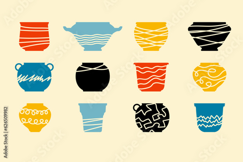 Colorful collection of pottery objects. Pots, jugs, jars, and bowls, illustrated in a modern, flat vector style. Silhouettes with line decorative elements. Set icons for design